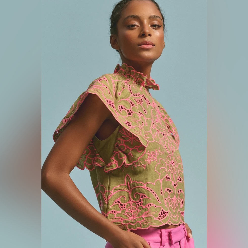 Anthropologie The Lainie High-Neck Lace Cutwork Blouse - Green, Size Small